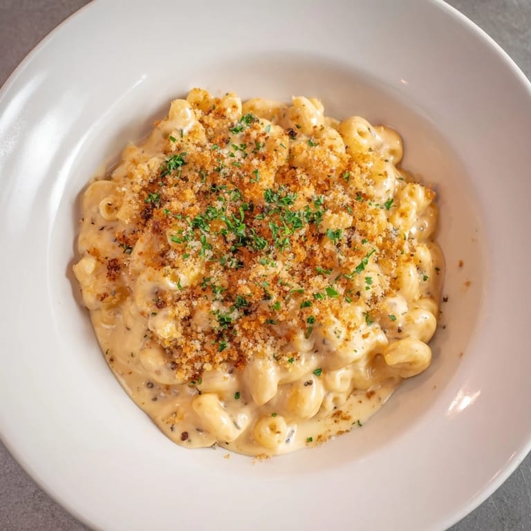 Creamy Truffle Macaroni & Cheese with a crusty panko topping, perfect for a cozy dinner.