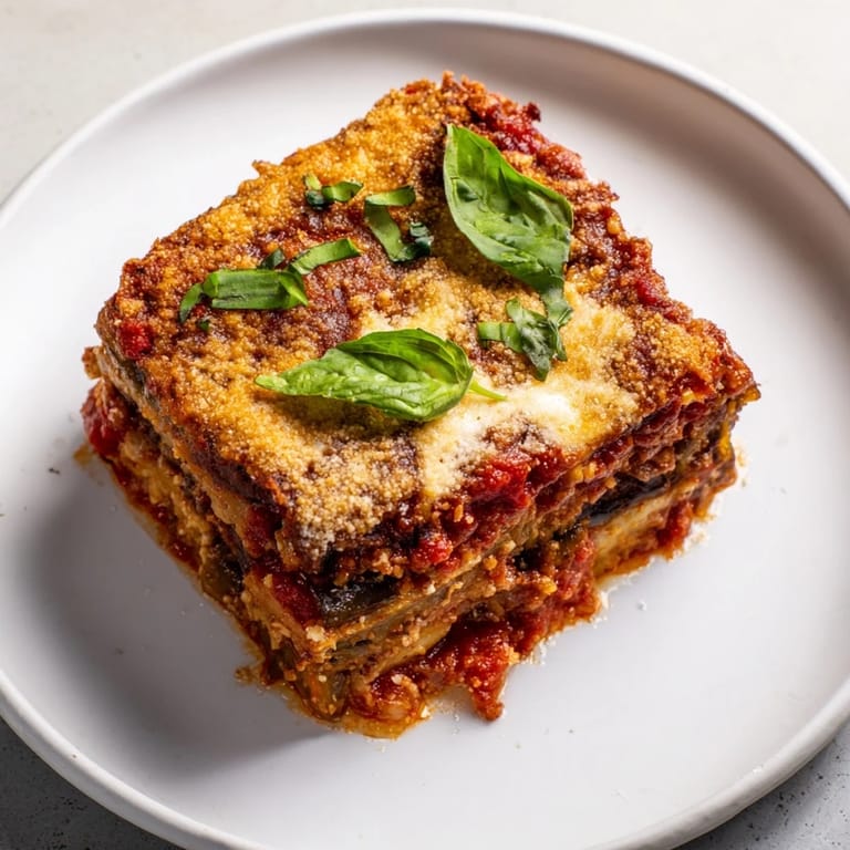 A baked casserole of Eggplant Parmesan Lasagna, showing breaded eggplant and melted mozzarella bubbling.