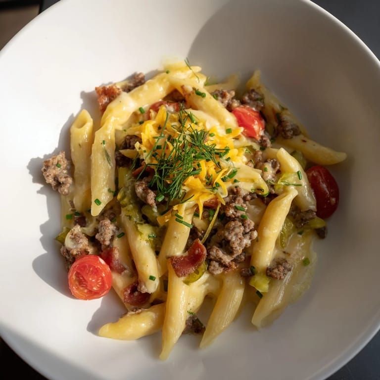 Close-up of a bubbling Bacon Cheeseburger Pasta Bake, showcasing melted cheese and crispy bacon topping.