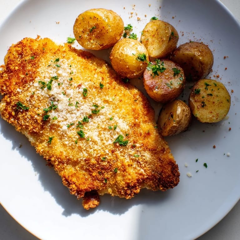 A close up shows the delicious, flavorful Parmesan crusted chicken & potatoes with a perfect crunch.