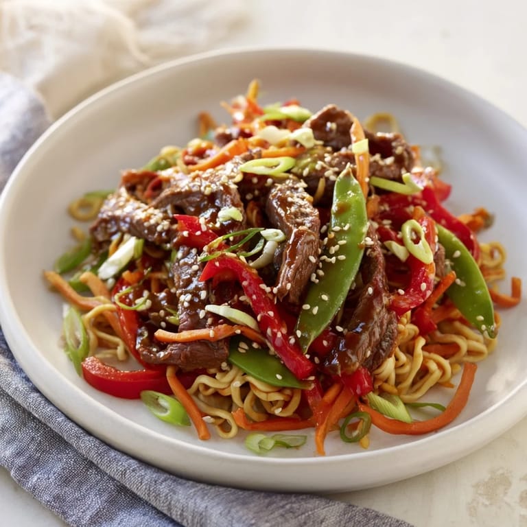 A close-up shot of a sizzling Teriyaki Beef & Noodle Bowl, full of colorful vegetables, ready to eat.