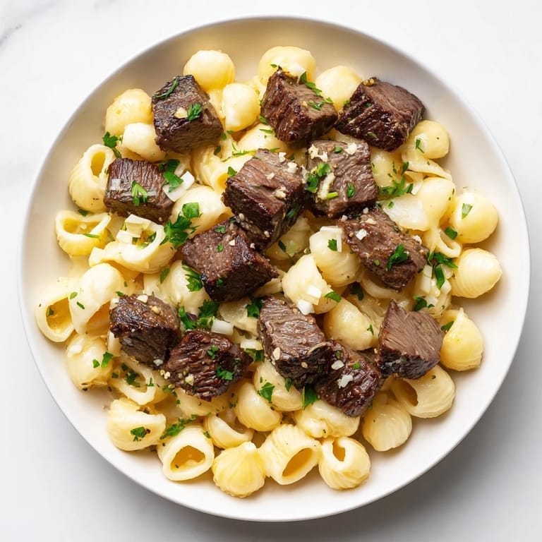 Golden brown Garlic Butter Steak Bites, aromatic with garlic, served with a cheesy pasta side.