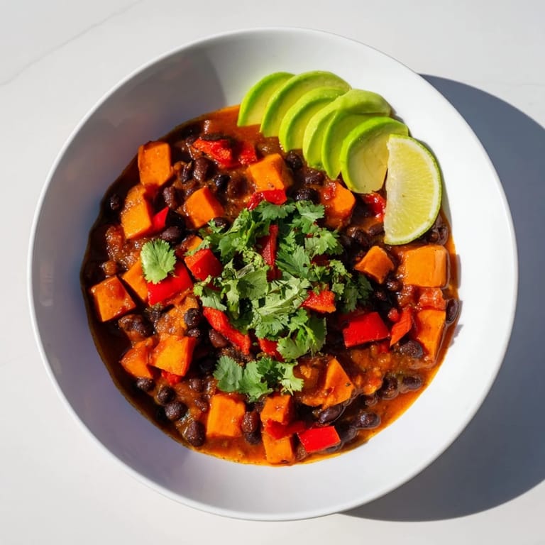 Hearty and delicious: a serving of warm Sweet Potato & Black Bean Chili, ready to enjoy.
