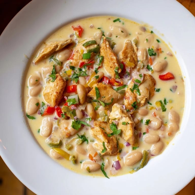 Close-up of Creamy White Chicken Chili, showing the beans, chicken, and a vibrant green garnish.