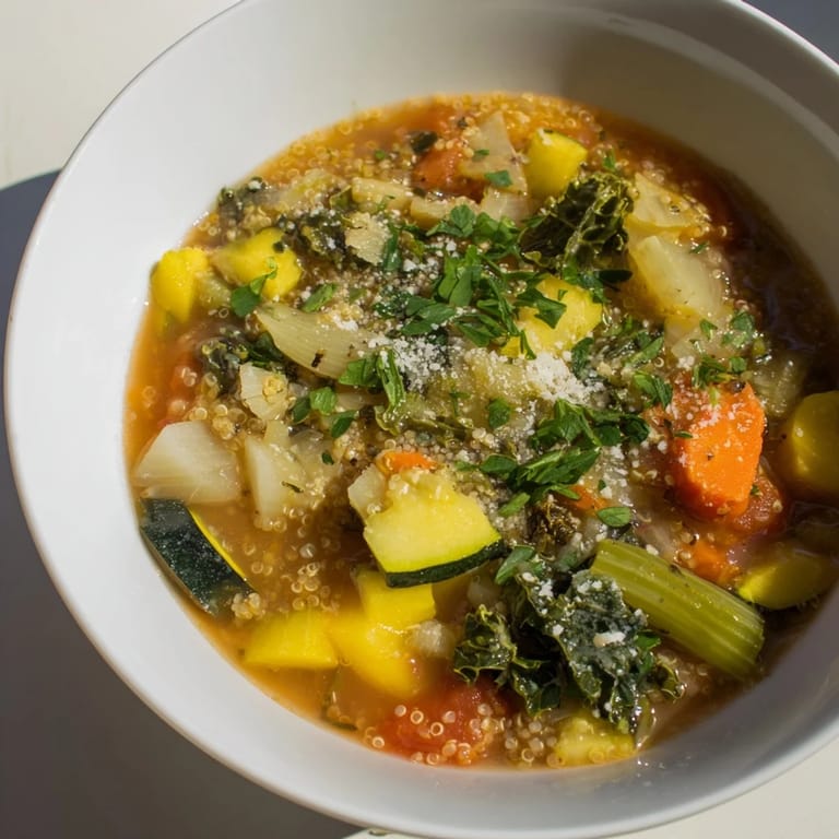 A bowl of warm, healthy Minestrone with Quinoa, ready to serve with fresh parsley garnish.