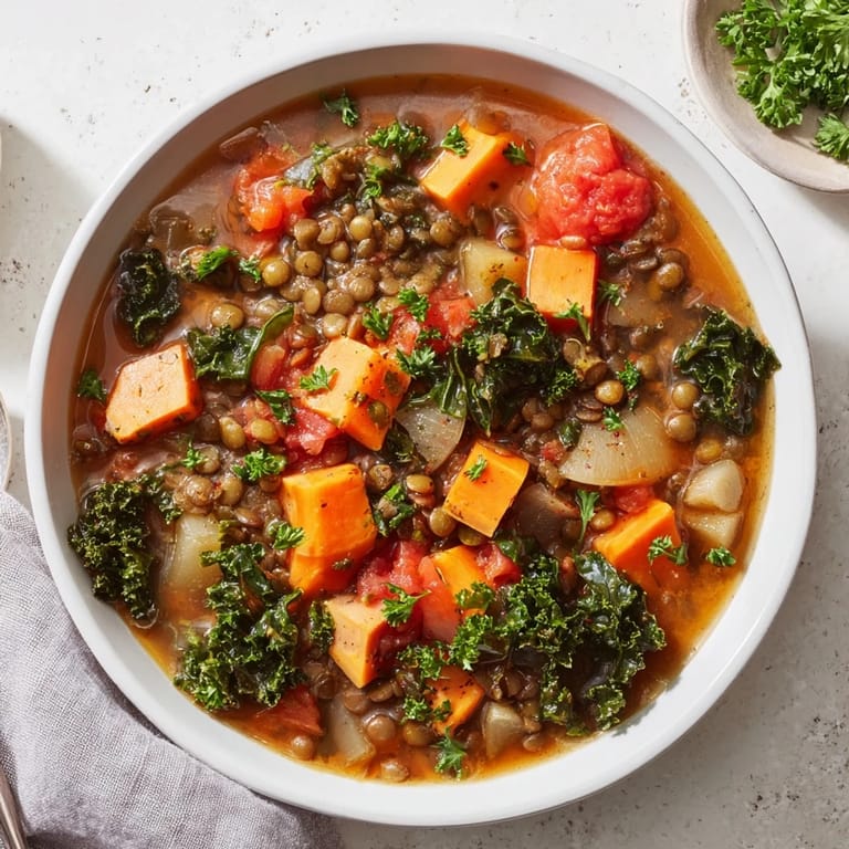 Close-up of a flavorful Winter Vegetable & Lentil Soup, rich with herbs and tender lentils.