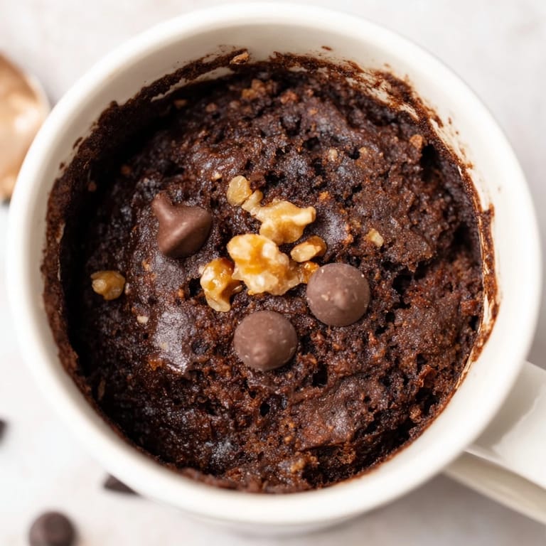 A delicious solo serving of chocolate microwaved mug cake, topped with optional chocolate chips.