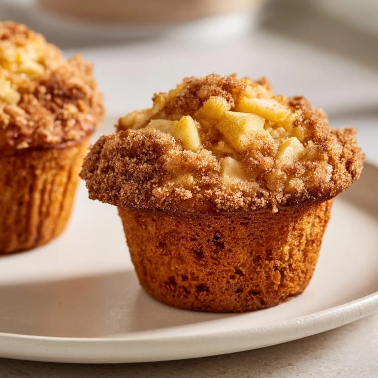 Close-up of moist cinnamon apple muffins, speckled with apple pieces, ideal for breakfast.