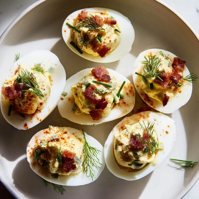 Close-up of loaded deviled eggs showing bacon crumbles, fresh dill, and colorful, tangy flavors.