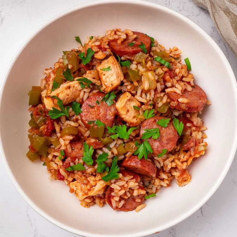 A warm bowl of Simple Chicken and Sausage Jambalaya Bake, fragrant with herbs and spices, and ready to serve.