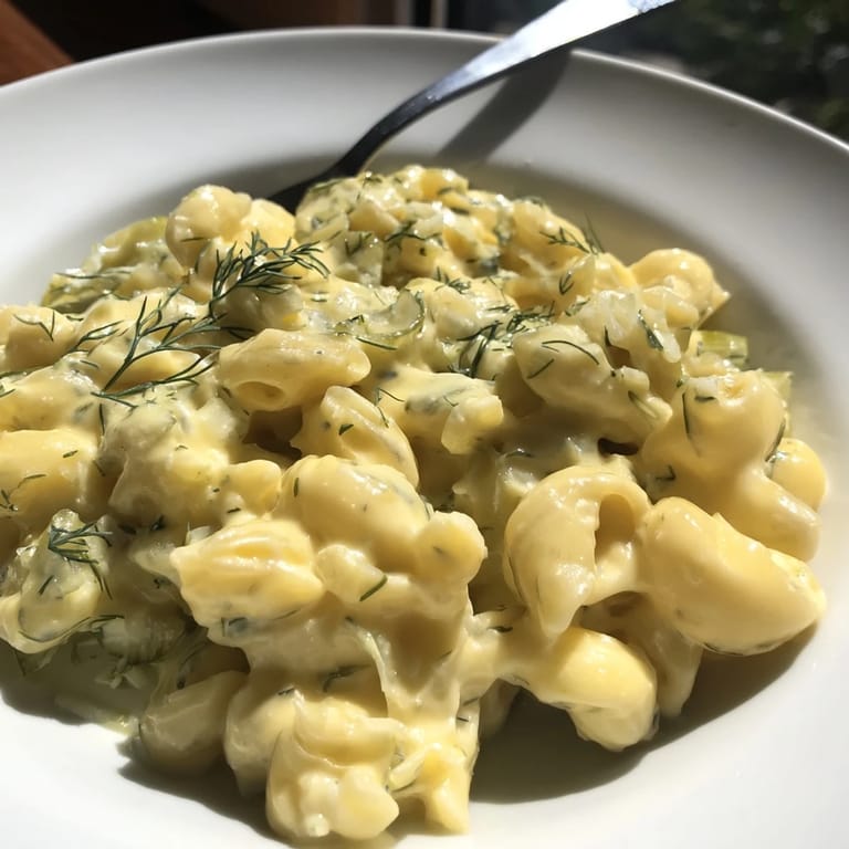 Close-up of creamy Pickle Mac and Cheese, a comfort food with tangy dill pickle flavor.