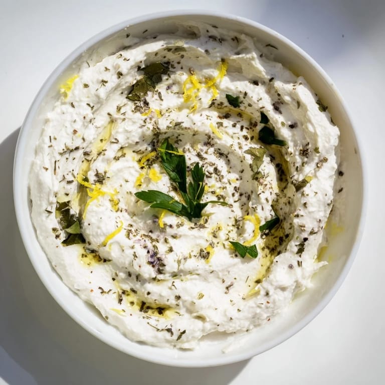 Fresh herbs dot the surface of this whipped feta appetizer, inviting a delicious taste.
