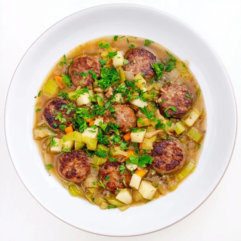 A steaming bowl of Stovetop Sausage, Celery, and Apple Hotpot, with colorful apples and savory sausage visible.