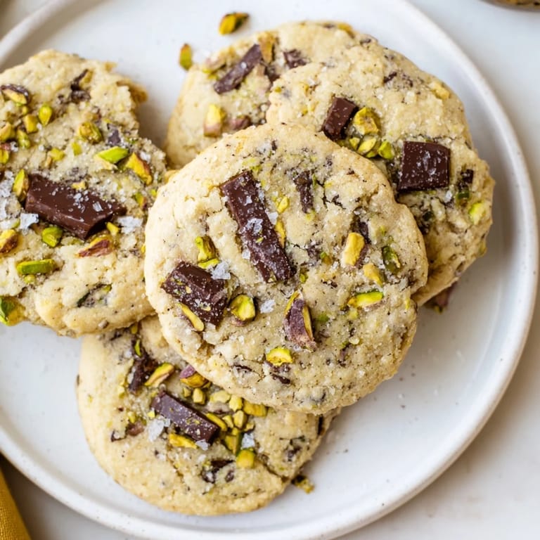 Close-up of freshly baked salted pistachio chocolate chunk shortbread, highlighting the flaky sea salt.