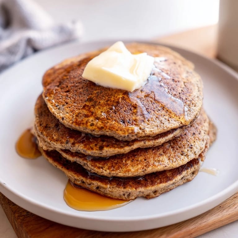 Stack of freshly cooked Gingerbread Pancakes, showing appealing texture and brown color, ready to eat.