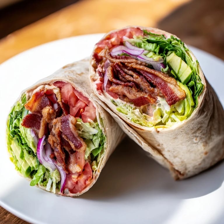 Imagine a close-up of a Zesty BLT Wrap, bursting with colorful ingredients ready to eat.