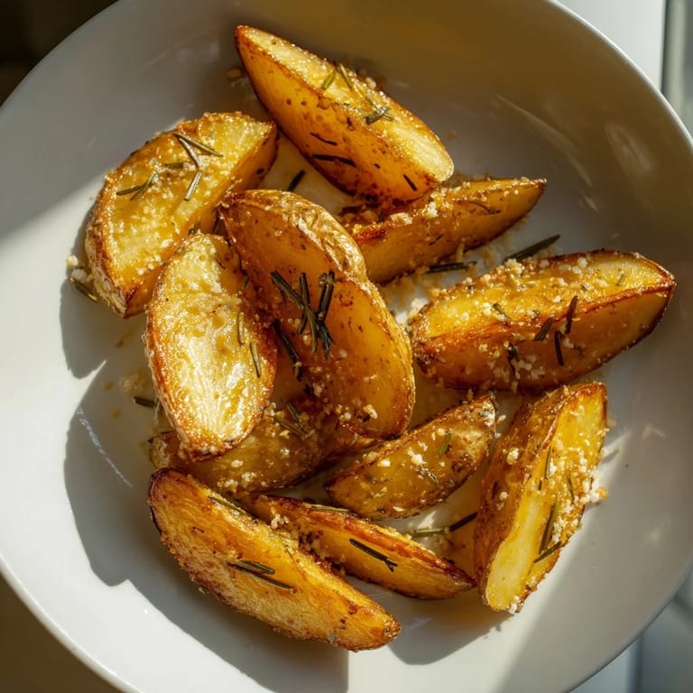 Crispy Quick Rosemary Roast Potato Wedges with visible rosemary flecks and golden, browned edges.