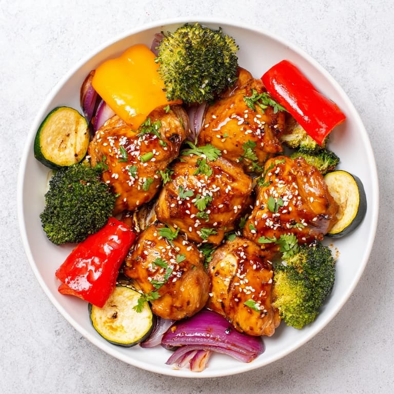 Vibrant Spicy Honey-Garlic Chicken Sheet Pan; tender chicken and veggies glazed to perfection.