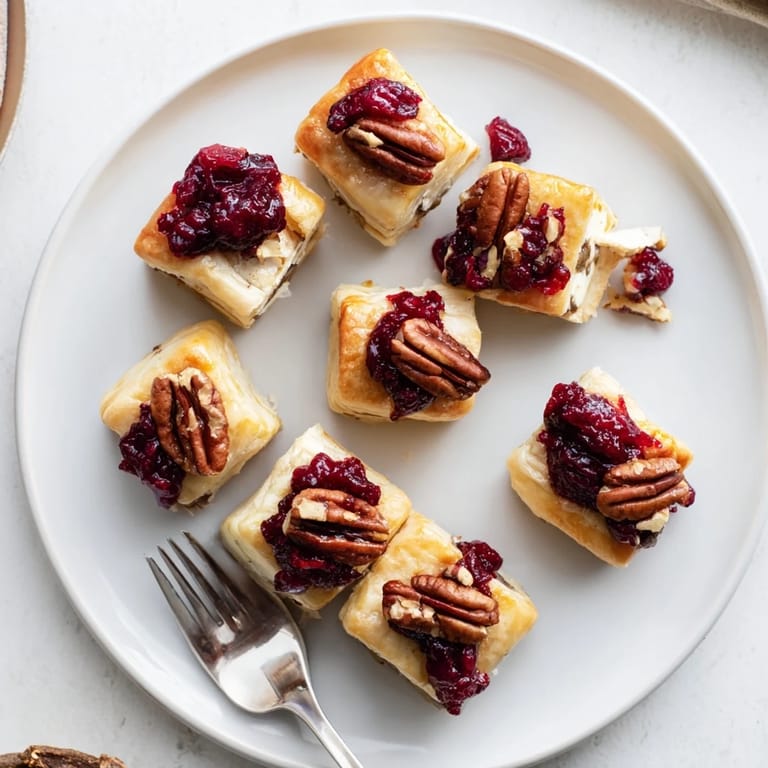 Warm Express Cranberry Sauce Brie Bites with sweet cranberry topping and flaky pastry, a delicious holiday appetizer.