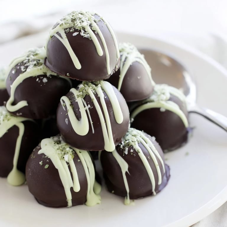 Close-up of velvety Matcha Dark Chocolate Peppermint Truffles, a refreshing bite with dark chocolate.