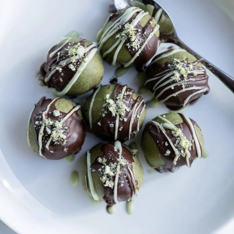 Vibrant green Matcha Dark Chocolate Peppermint Truffles, dusted, perfect for dessert or a sweet gift!