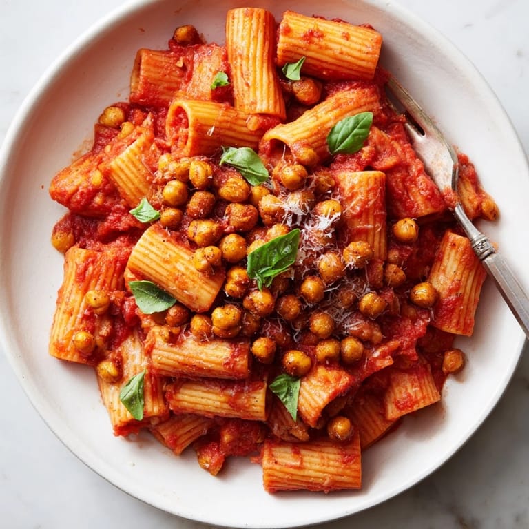 Delicious and comforting Spicy Arrabbiata Roasted Chickpea Crunch Pasta, with a rich tomato sauce and inviting crunch.