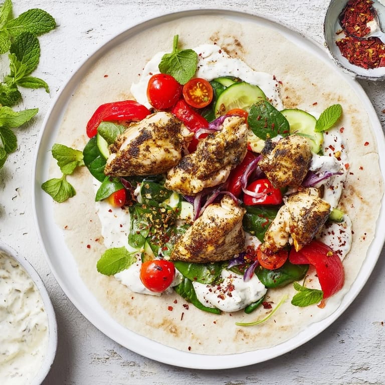 Juicy Greek Yogurt Chicken Shawarma Christmas Wrap, filled and drizzled with a creamy yogurt sauce, with crisp veggies.