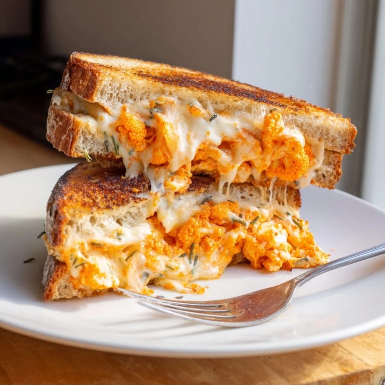 Crispy buffalo cauliflower grilled cheese, loaded with melting cheddar and mozzarella, ready to be enjoyed.
