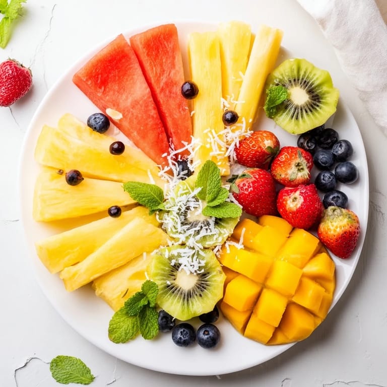 A colorful Tropical Pineapple Platter boasts sweet pineapple chunks and berries, garnished with mint.