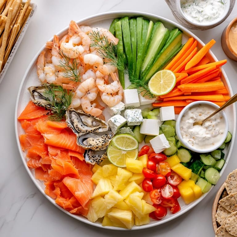 Close-up of a delightful Wave Rider Surfer Snack Board, displaying seafood, cheeses, and crunchy snacks ready to enjoy.