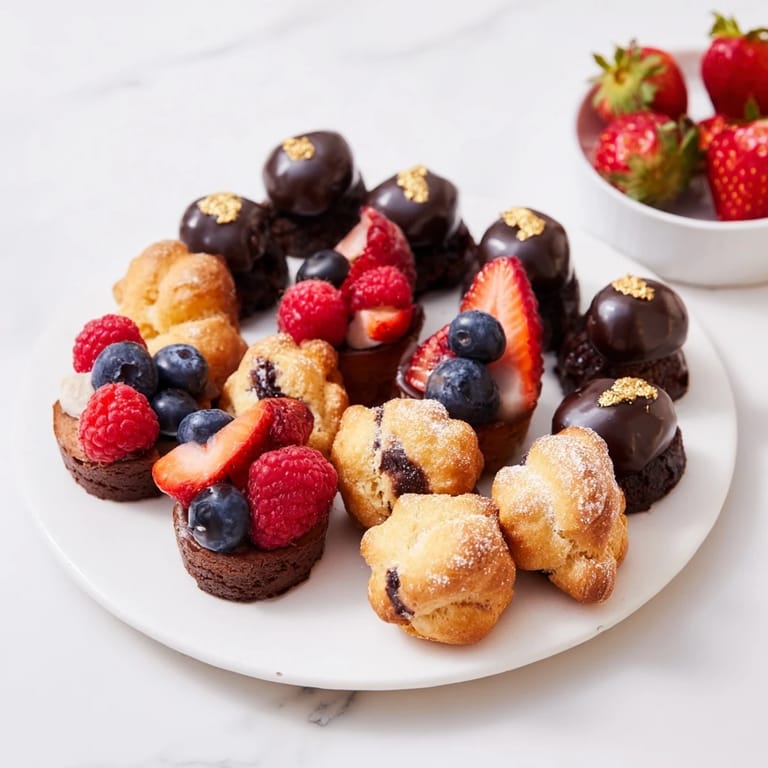 View a close-up of the delicious Piste de Train Mignardises, including chocolate ganache filled choux puffs and fruit tarts.