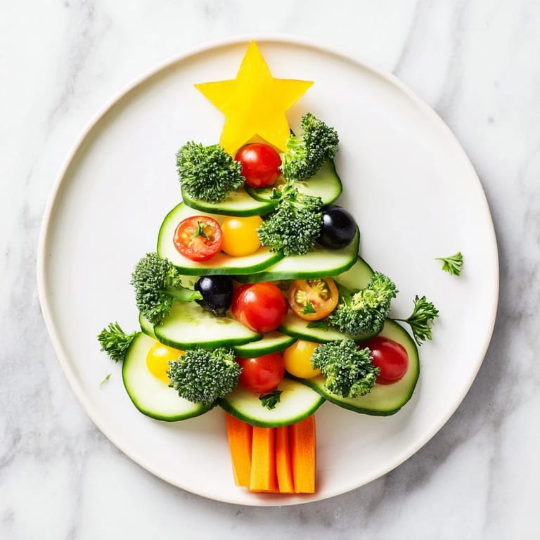 Beautifully arranged Festive Tree Cucumber Tomato Platter, featuring colorful vegetables in a tree shape.