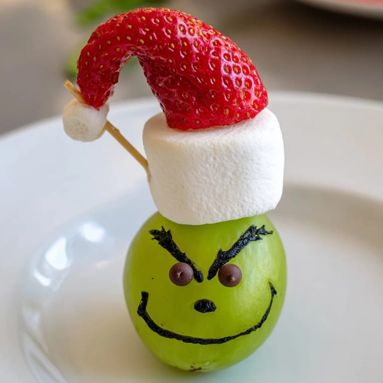 Adorable Grinch Snack with marshmallow "faces" and juicy green grapes ready to eat in minutes.