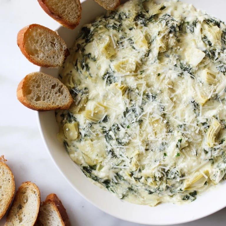 Golden-topped Spinach Artichoke Dip with bubbly cheese, perfect for dipping crusty bread slices.