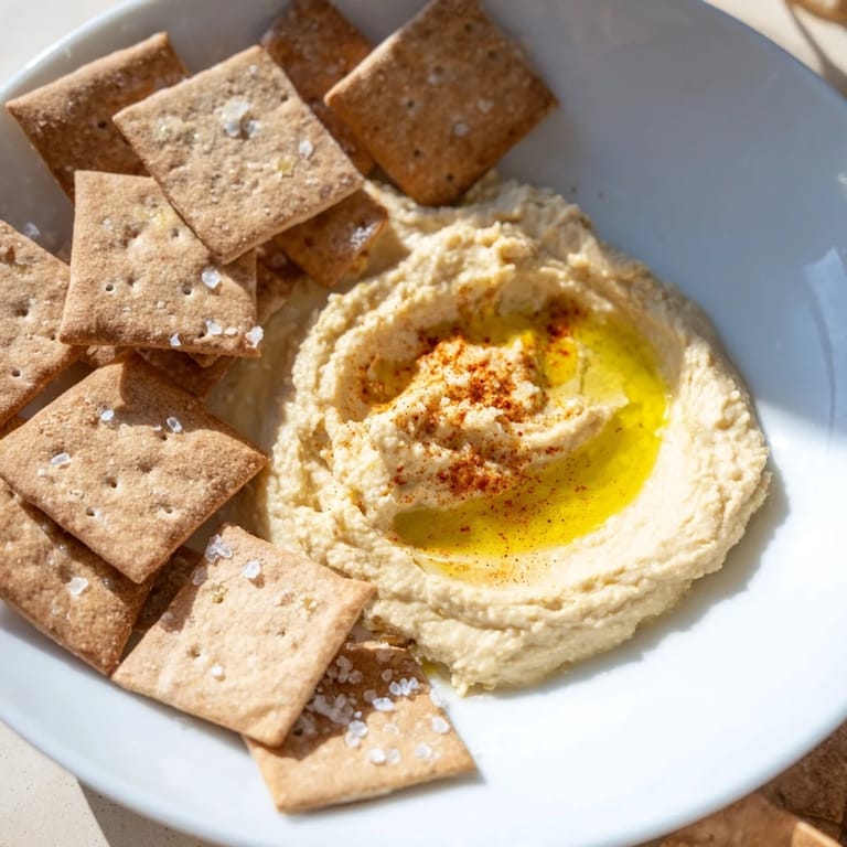 A platter of Holiday Crackers: Rosemary Cracker and Hummus Duo, showcasing savory rosemary crackers perfect for dipping.