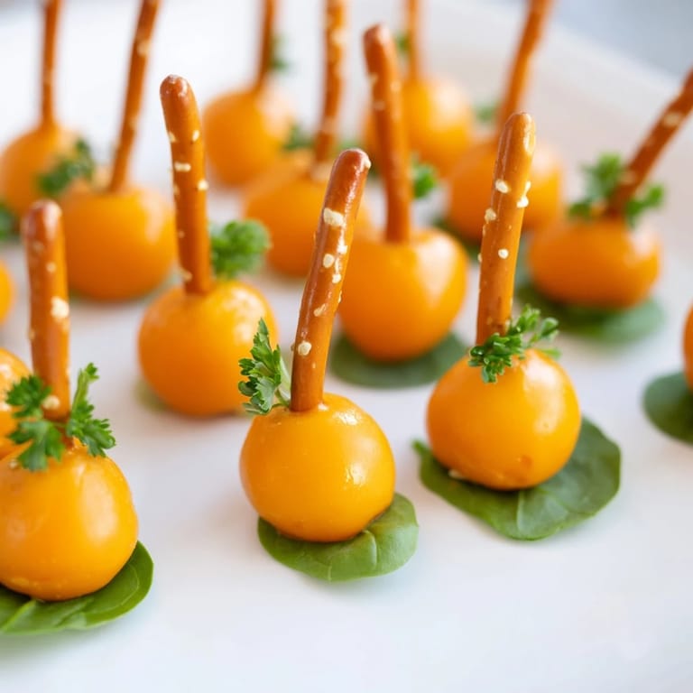 A vibrant Pumpkin Patch Grid appetizer: tiny cheese pumpkins sit in a green field, ready to eat.