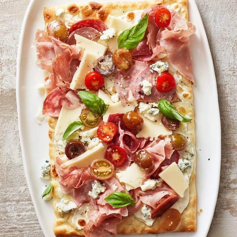 Shareable The Rustic Raft flatbreads loaded with salami, prosciutto, and creamy cheeses for an easy appetizer.