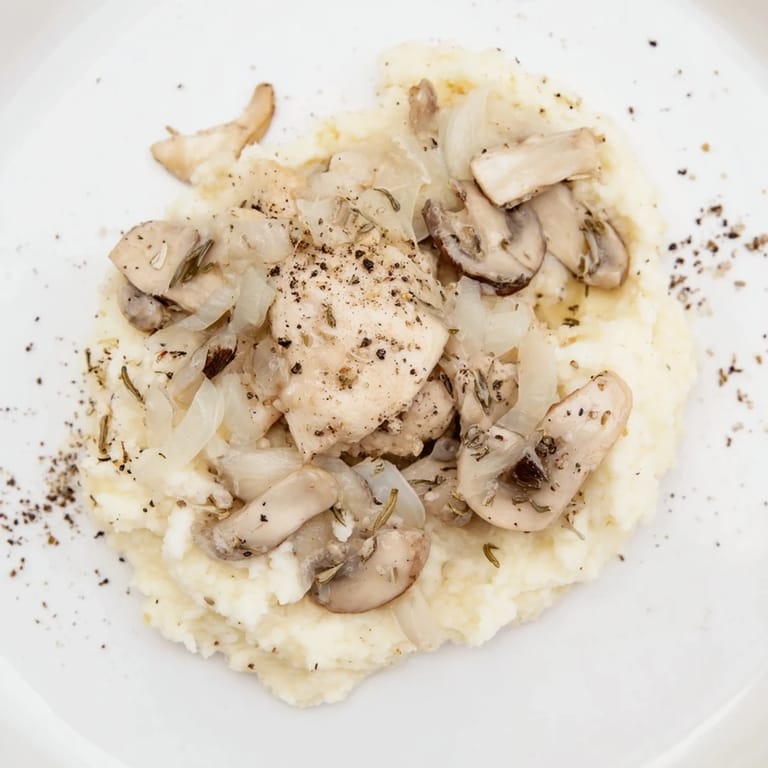 Elegant white Ghostly Gala dish with flavorful sautéed mushrooms and a sprinkle of pepper.