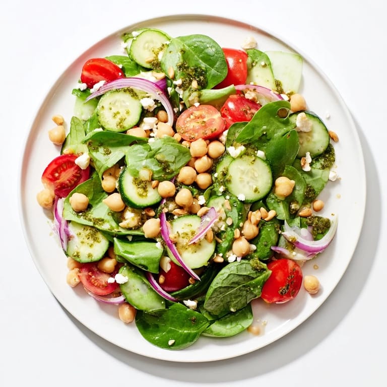 A colorful bowl of Pesto Chickpea and Spinach Salad featuring bright cherry tomatoes ready to be enjoyed.