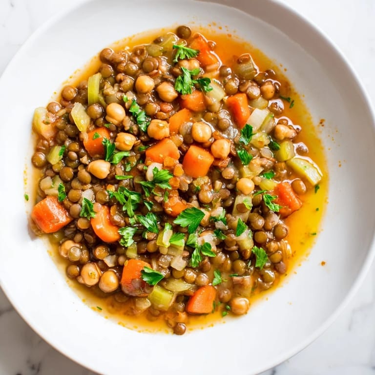 Enjoy a warm and comforting serving of this flavorful Middle Eastern lentil and chickpea stew tonight.