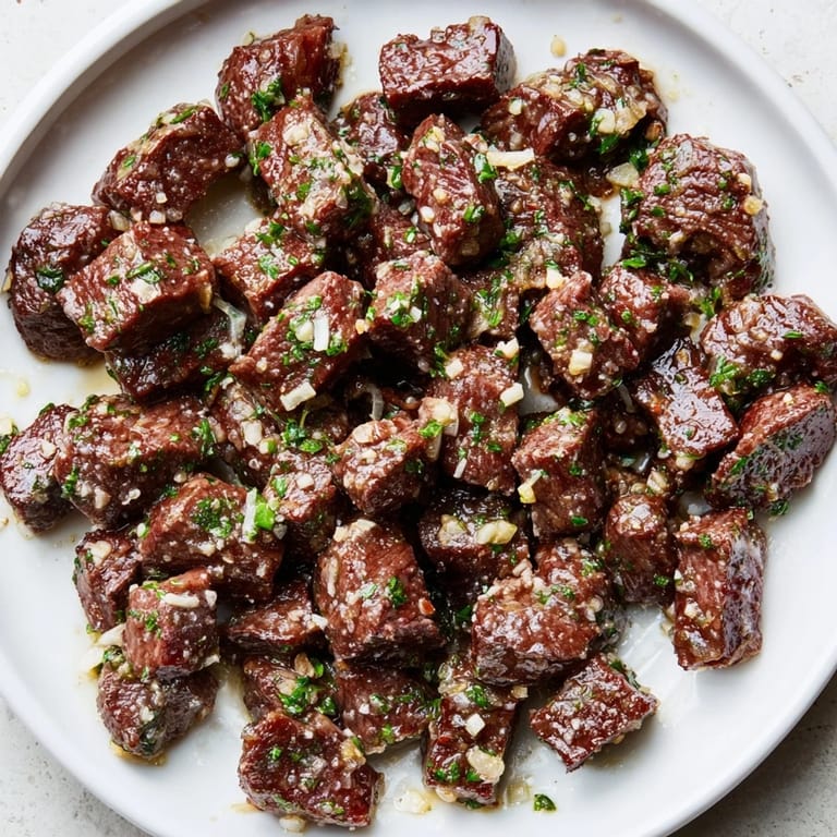 Tender sirloin in the air fryer, coated in garlic-butter, ready to eat as air-fryer garlic-butter steak bites.