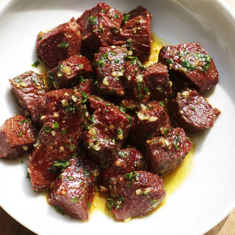 Close-up of juicy air-fryer garlic-butter steak bites, deliciously seasoned, and easy appetizer or meal.