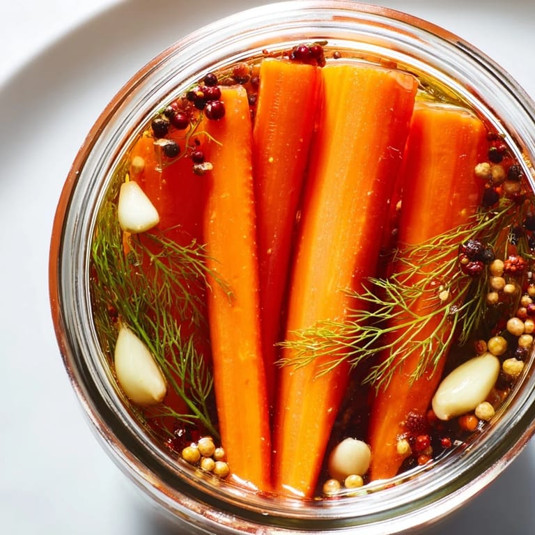 Close-up of freshly pickled Quick Pickled Carrot Spears, showcasing the crunchy texture and delicious flavors.
