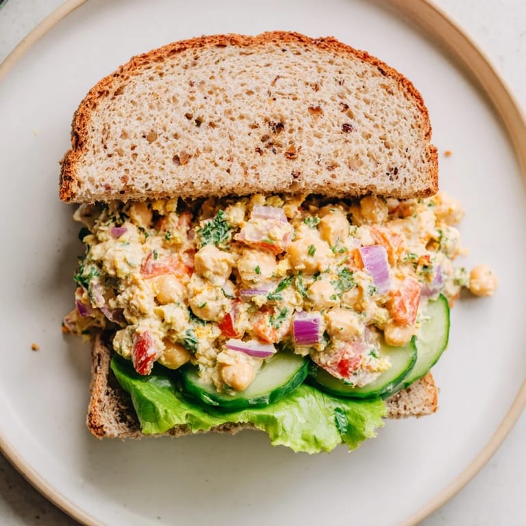 A close-up of a delightful Easy Chickpea Salad Sandwich, bursting with flavor and stacked high on whole-grain bread.