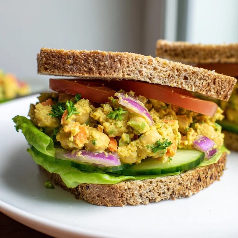 Showcasing a freshly made Easy Chickpea Salad Sandwich, ready to eat, with crunchy cucumber and tomato slices.