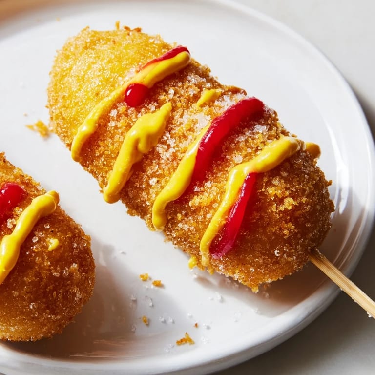 A close-up of delicious Korean-inspired corn dogs: the vibrant, crunchy, street-food favorite.