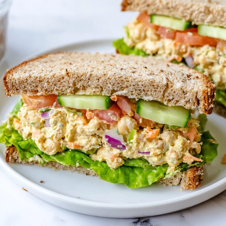 Showcasing a freshly made Easy Chickpea Salad Sandwich, ready to eat, with crunchy cucumber and tomato slices.