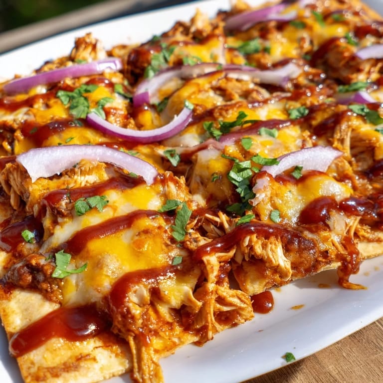 A close-up of cheesy BBQ Chicken Flatbread featuring melting mozzarella and cheddar, a tasty meal.