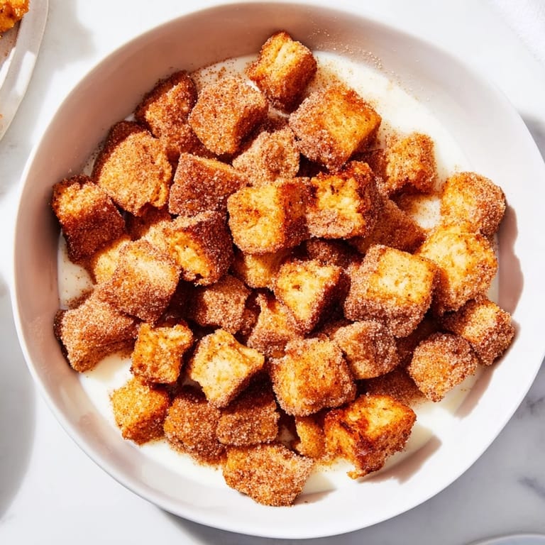 A bowlful of French Toast Cereal, featuring golden brown, bite-sized pieces with a hint of vanilla.