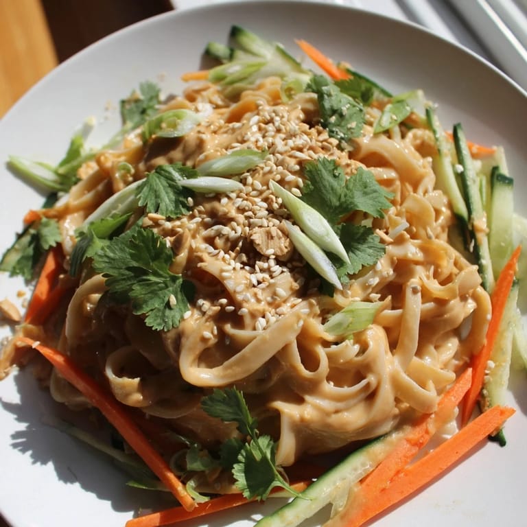 Close up of a bowl of cold sesame noodles, showcasing the creamy sauce and vibrant toppings.